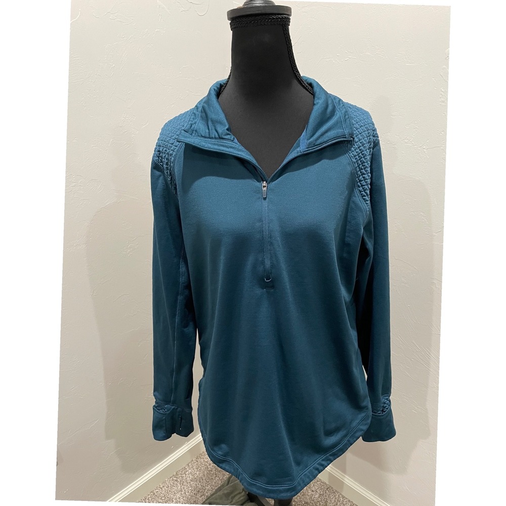 Eddie Bauer Womens XL Teal Quilted Shoulder Quarter Zip Pullover Thumbholes